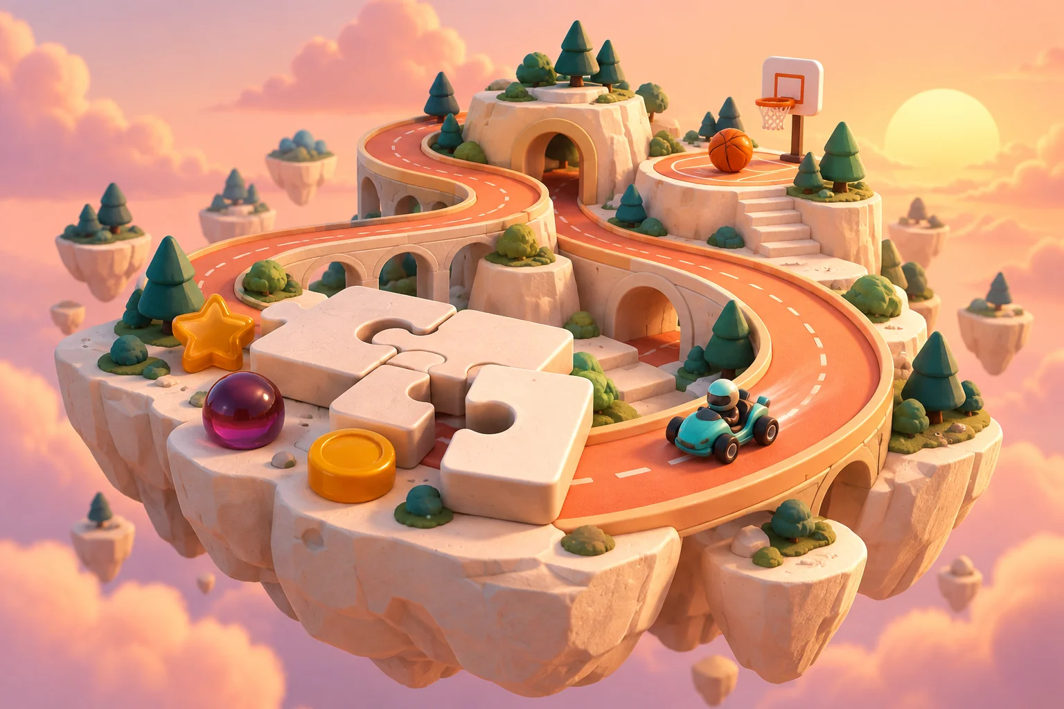 A miniature island with a winding racing road, puzzle pieces and a basketball hoop.